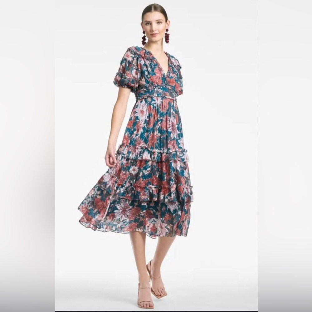 $325 Sachin & Babi Women Blue Veronica Floral Tiered NWT Viscous Dress Size 2